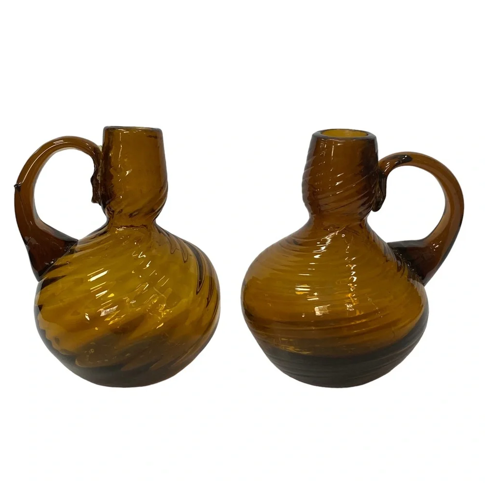 Set of 2 Vintage Root Beer Amber Swirled Glass Vase w/ applied handle
